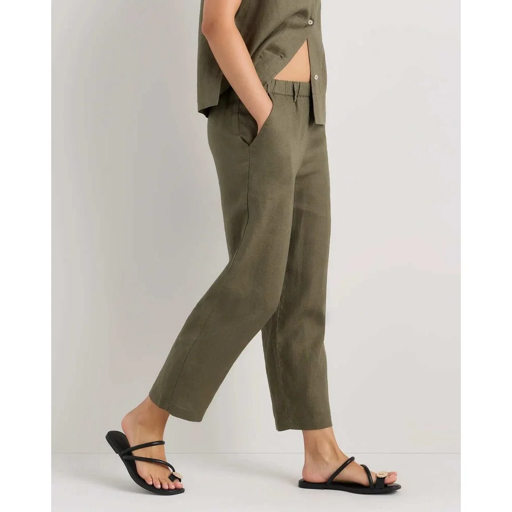 Quince European Linen Relaxed Straight Leg Pants Bayberry Olive Green Women L